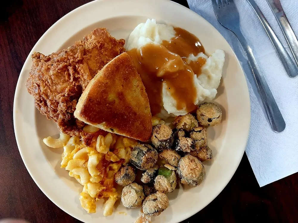 Fried Chicken Fried Okra Mashed Potatoes w Gravy Macaroni and Cheese Jalapeño Cornbread